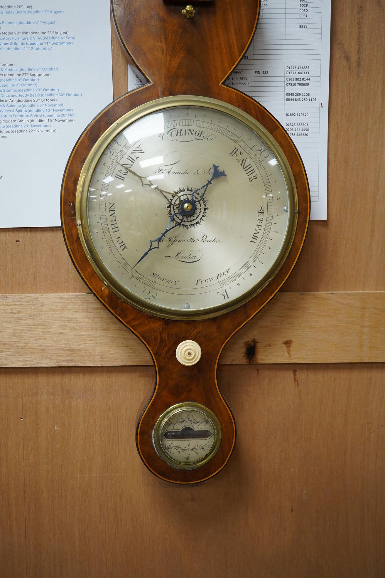 A mahogany banjo barometer with box stringing by Fr. Amadio & Son, London, 97cm high. Condition - fair to good, untested